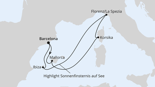 Route - Zur Sonnenfinsternis im Mittelmeer ab Barcelona mit AIDAcosma