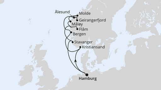 Route - Norwegens Fjorde mit Geiranger ab Hamburg 2 mit AIDAprima