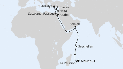Route - Von Mauritius nach Antalya 2 mit AIDAstella